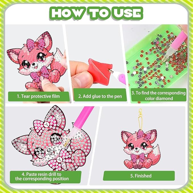 Masendp 8 Piece 5D DIY Animal Diamond Painting Keychain Set, Pink Fox Diamond Pendant Hanging Animal Art Decoration for Adult Beginner Pack Birthday Family Party Decoration
