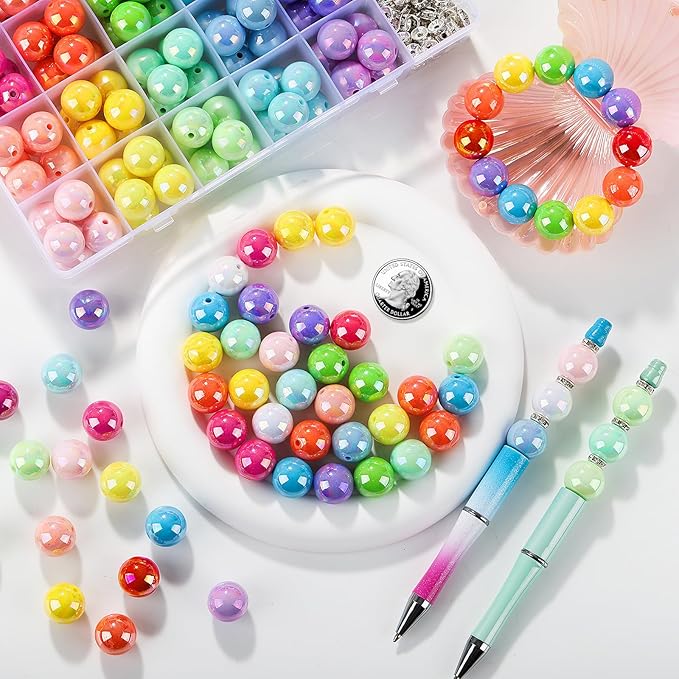 232pcs Beads for Pens, Funtopia Acrylic Focal Beads for Beadable Pens, 16mm Rainbow Chunky Bubblegum Bead with Rondelle Spacer Bead for Keychains DIY Craft Bracelets