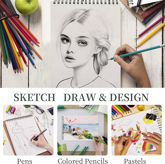 sufly sketch book 9x12, drawing paper pad-68lb/100gsm, top spiral sketchbook hardcover, 100 sheets sketch pad for kids classroom art supplies for adults-sketchpad for drawing, illustration & art stuff
