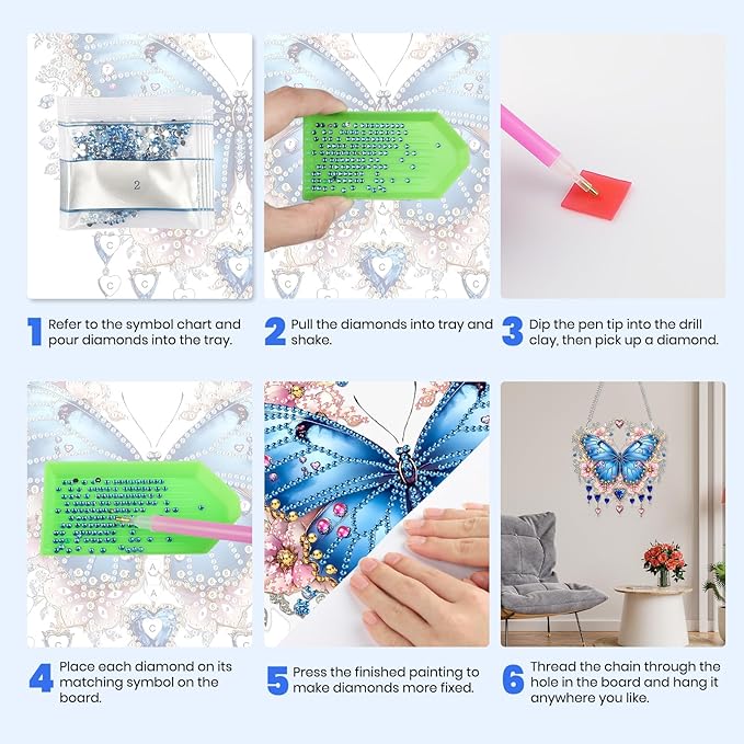 MXJSUA Special Shaped Hanging Diamond Painting Art Kits for Adults, Butterfly Flowers 3D Crystal Rhinestone Acrylic Gem Art Pendant Ornaments Kit for Home Decoration and Gift