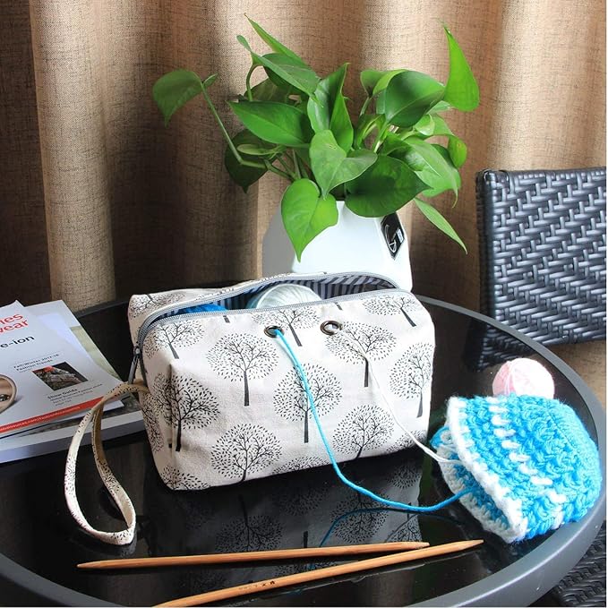 LUXJA Small Yarn Storage Bag, Portable Knitting Bag for Yarn Skeins, Crochet Hooks, Knitting Needles (up to 8 Inches) and Other Small Accessories (Trees)