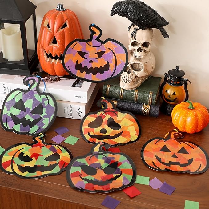 Yaomiao 30 Set Halloween Pumpkin Suncatchers Paper Crafts Kit DIY Shaped Stained Glass Effect Tissue Paper Hanging Suncatchers for Halloween Home Birthday Party Favors Gifts