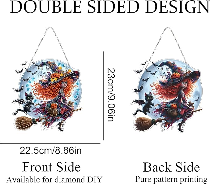 JJFox Diamond Art Hanging Kit for Adult,Special Shaped Rhinestone,Double Sided 5D DIY Acrylic Diamond Art Painting Window Pendants Home Garden Wall Hanging Kits Hanging Ornament (Halloween Witch)