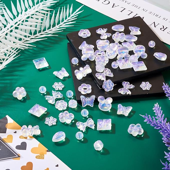 FASHEWELRY 120pcs Clear Acrylic Beads Transparent Mixed Cute Beads for Bracelets, Glitter Powder Bear Bowknot Rabbit Flower Pony Beads Bulk for DIY Keychain Necklace Jewelry Making