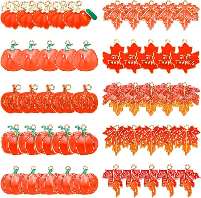 40/50PCS Fall Charms for Jewelry Making, Thanksgiving Pumpkin Maple Leaf Turkey Pendant Charms for DIY Autumn Bracelet Necklace Earrings Crafts