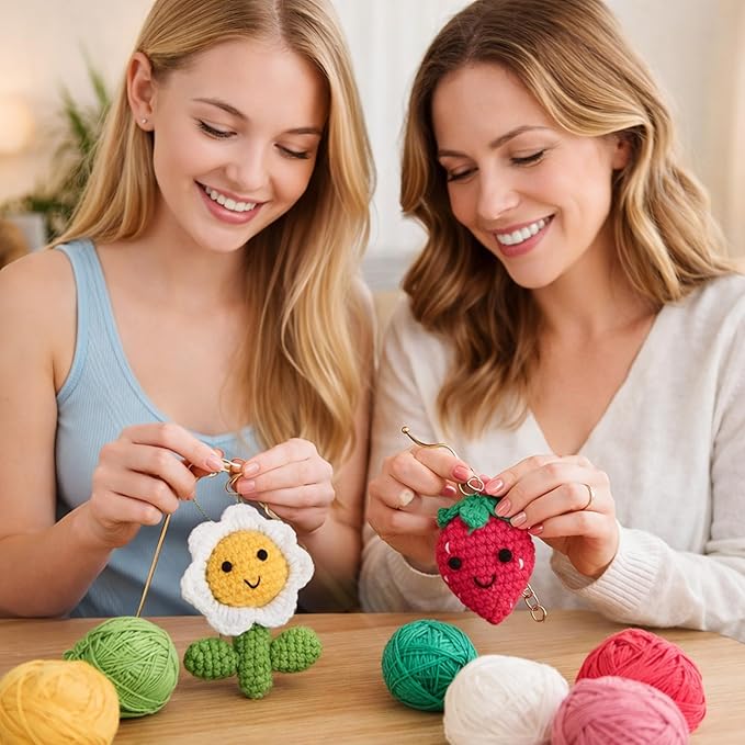 HOUSE CREATIVITY Beginner Crochet Kit for Adults, Beginners Crocheting Knitting Kit with Yarn Sets, Step-by-Step Video Tutorials,Animal Craft Kit, Holiday Birthday Gifts(Strawberry & Sunflower)