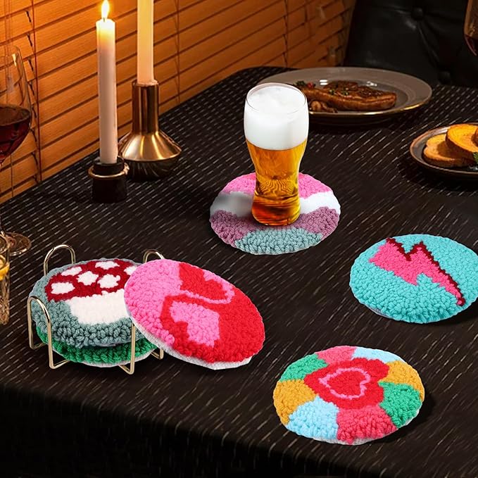 AIRDEA Punch Needle Drink Coasters Kit,Casual Punch Needle Embroidery Complete Kits for Beginner 3.29x3.29 Inches,Included All Accessories,DIY Car Coasters (red Green)