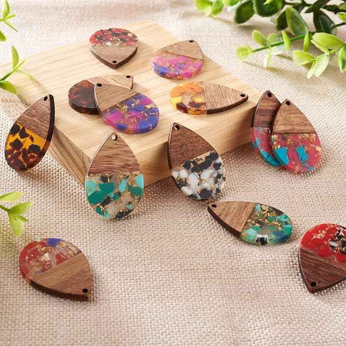 Beadthoven 16pcs/8 Pairs Resin Wood Teardrop Charms Earrings Pendants Mixed Colors Water Drop Shape Gold Foil Chips Wooden Pieces Pendants for Statement Jewelry Making Findings