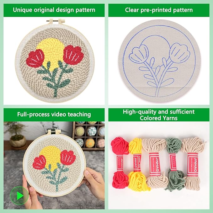 Enkor Punch Needle Kit Adults Beginner,Needle Punch Embroidery Kits Beginners Kids Include Instructions Video, Fabric,Hoop,Yarns,Threader-Flowers Love F1