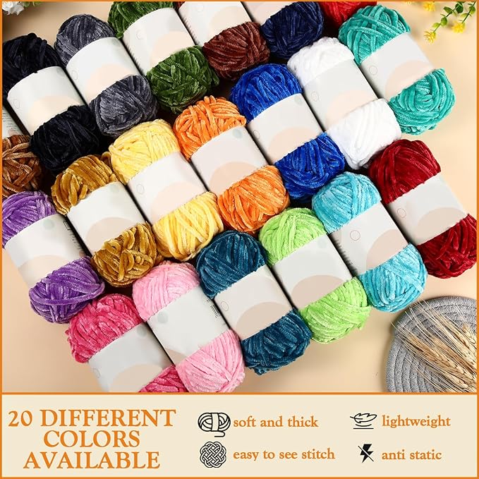 Woanger 20 Skeins Soft Chenille Yarn Velvet Blanket Yarn for Crocheting Hand Knitting Weaving DIY Craft, 93 Yards Each (Novel Color)