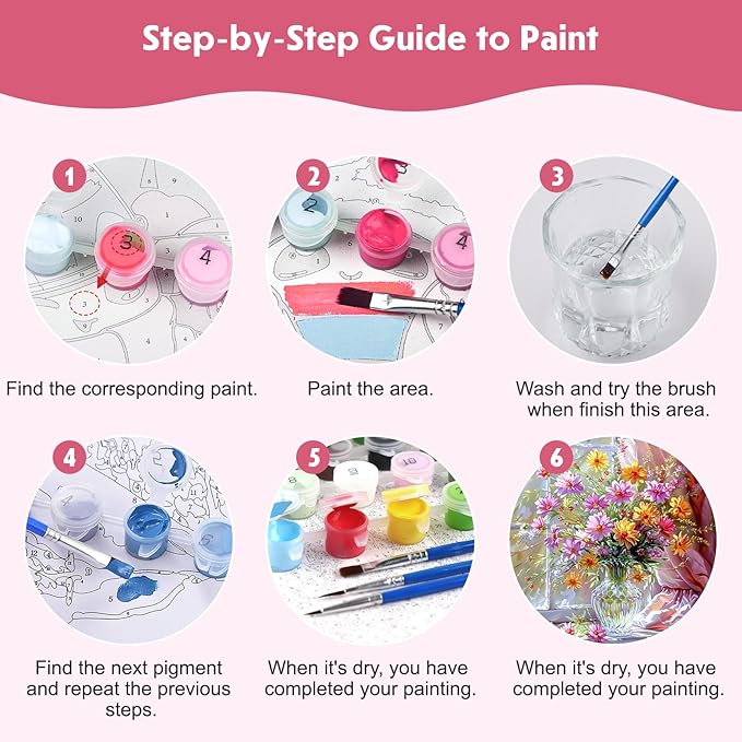 NEWENMO 4 Pack Paint by Numbers for Adults with Wooden Framed, Wildflowers in Vase, Paint by Number Kits on Canvas for Beginner, DIY Acrylic Oil Painting Kits for Home Decor 8x8 inch, Colorful Flowers