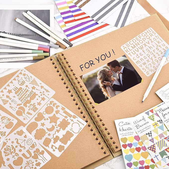 GOTIDEAL 12 x 12 Inch Scrapbook Album with 10 Metallic Markers,80 Pages Craft Paper Photo Album for Wedding and Anniversary, Family DIY Photo Album with Scrapbooking Stickers Corners(Yellow)