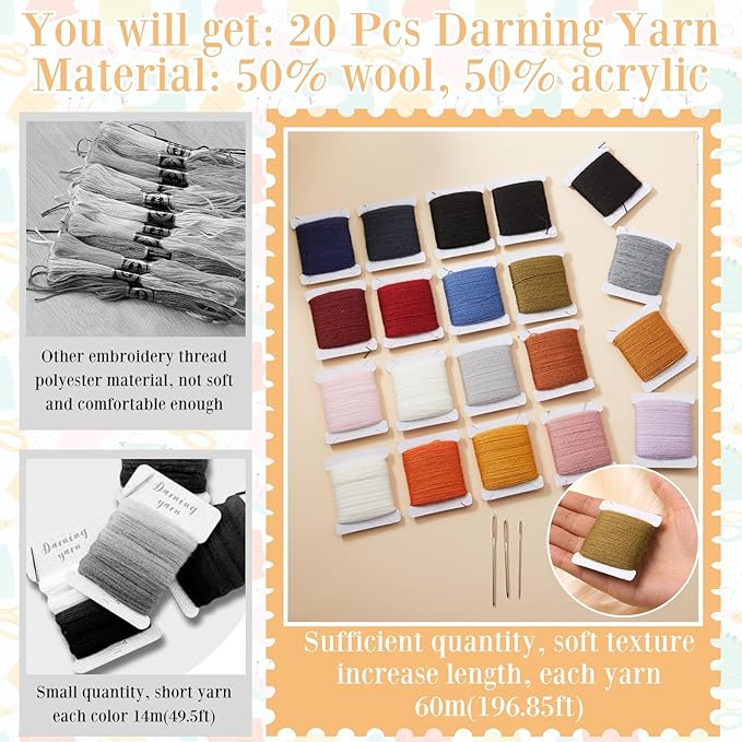 Jexine 20 Pcs Darning Thread 50% Wool 50% Acrylic Yarn 1200m Darning Kit with 24 Pcs Large Eye Sewing Needles for Clothes Socks Plush Toy Adults DIY Home Sewing Care, 60 Meters Per Yarn(Multicolor)