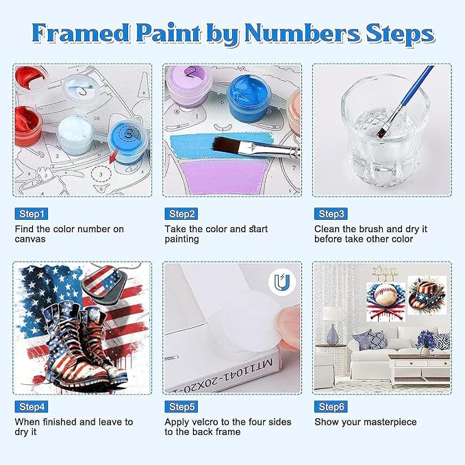 Canrichshop 4 Pack Framed Independence Day Paint by Numbers Kit for Adults,4 of July Patriotic Adult Paint-by-Number Kits on Canvas, DIY Oil Number Painting for Home Decor 8 x 8 inch
