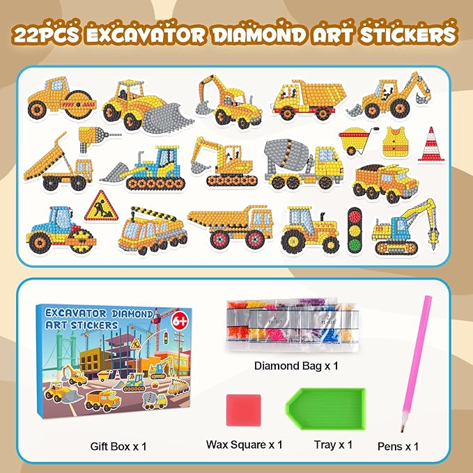 Labeol Diamond Art Kits for Kids Boys and Girls Ages 6-8-10-12 Easy to DIY Creative Diamond Art Sticker Craft by Numbers Kits for Kids and Adult Beginners (Engineering Vehicles)