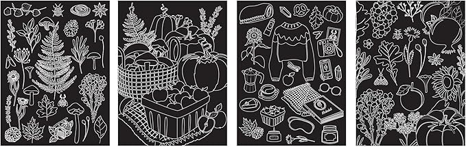 Brea Reese: Scratch Art Paper Pad - Fall Foraging - 14 Sheets, 7 Guided Art Designs, Metallic Accents, Stylus & Brush, 6x8 Pages, DIY Adult Craft Kit