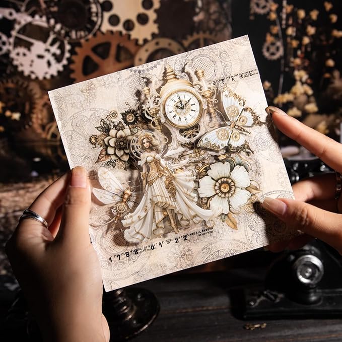 120Pcs Steampunk PET Stickers, Scrapbook Stickers Kit for Journaling, Ephemera Packs for Junk Journals, with Sticker Organizer