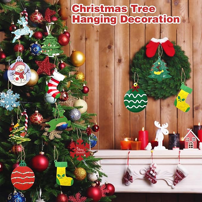 Christmas Ornaments Craft Kit, 48 Pcs Blank Wood Slices for Painting with Paint Pens and Brushes, DIY Wooden Christmas Ornament Set for Tree Decorations, Family Holiday Activities and Gifts
