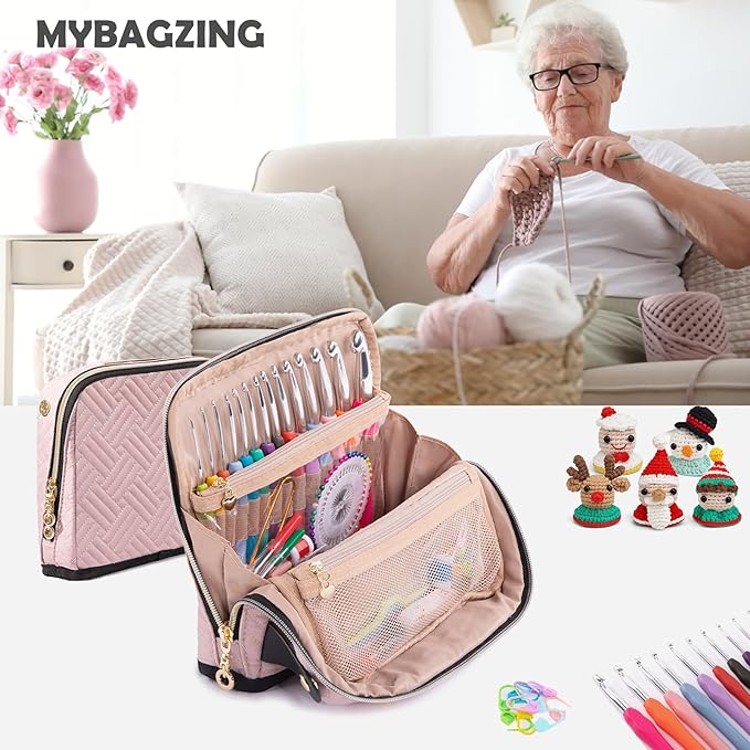 MYBAGZING Crochet Hook Case with 14 Size Crochet Hooks Set 2mm(B)-10mm(N) Ergonomic Crochet Hooks with Crochet Case Stand Up - Crochet Hook Organize for Crochet Lovers, Crochet Kit for Beginners
