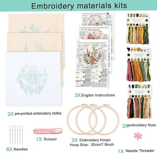 reewisly 3 pack embroidery starter kit patterns, diy adult cross stitch kits beginner, including 3 plastic embroidery rings, 1 scissors, colored threads,needles and instructions