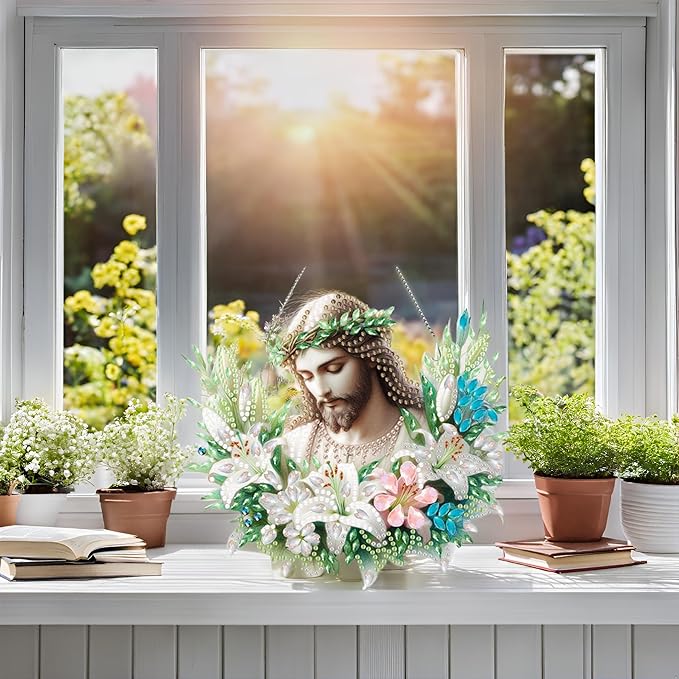 Apomelo Diamond Art Kit for Adult Jesus Religious Double-Sided Pattern Design Special Gem Diamond Art Hanging Pendant Kit Ornament for Wall Window Decor, Wreath Jesus