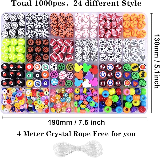1000PCS Polymer Clay Beads Bracelet Making kit, 24 Style Cute Fun Beads Sports Ball Volleyball Softball Baseball Basketball Soccer Rugby Football Charms for Jewelry Making DIY for Women Girls