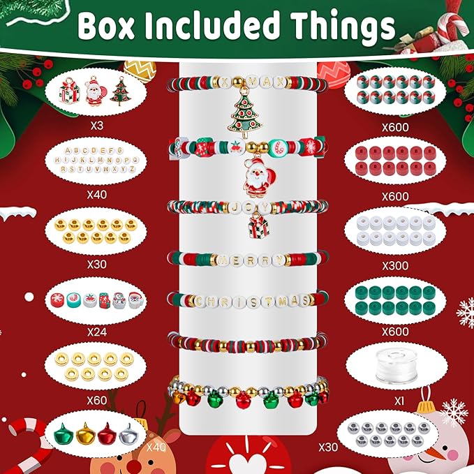 Taybonds Christmas Clay Beads for Bracelets Jewelry Making Kit, Xmas Colored Red Green Heishi Bead Kit,Christmas Charms,Golden Spacer Beads,Letter Beads for Friendship Gift,Holiday Polymer Clay Beads