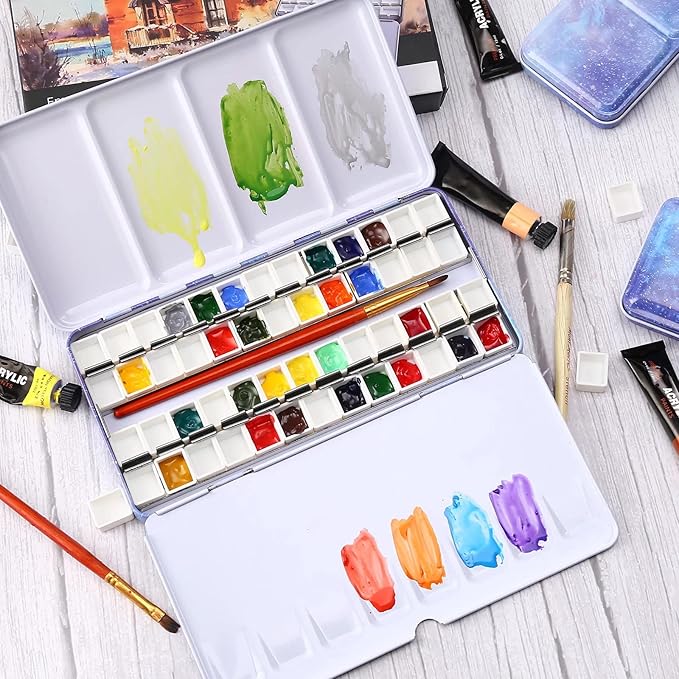 LOONENG Empty Watercolor Palette, Empty Watercolor Tin with Fold Out Palette, Large Purple Watercolor Tray Palette with 52 Empty Half Pans for Plein Air Painting and Sketching
