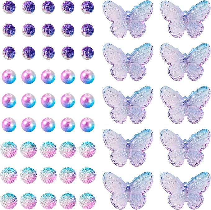 FASHEWELRY 100pcs Assorted Acrylic Beads - Cute Butterfly, Rose Flower, Kawaii Pink & Purple Acrylic Berry Beads Bulk for Bracelets & Necklaces Jewelry Making