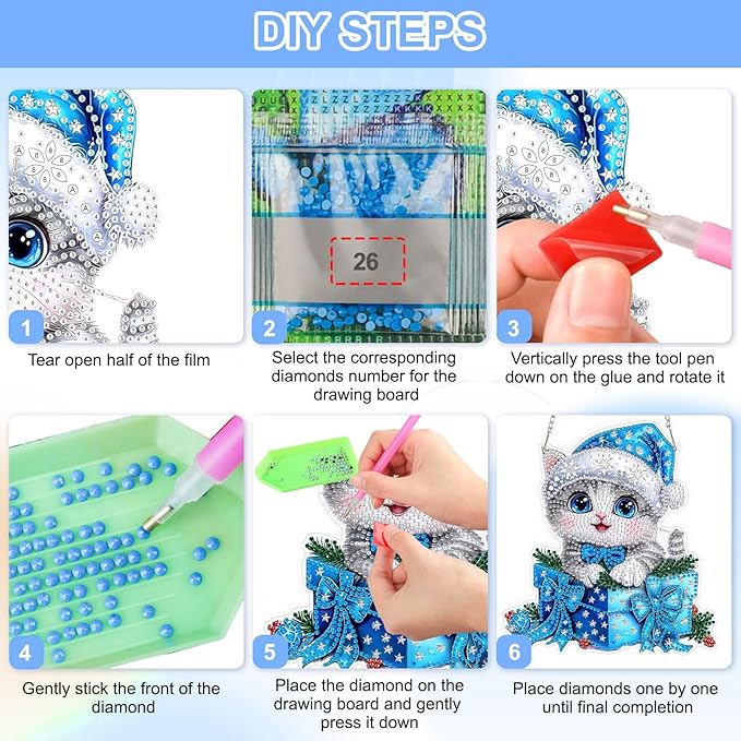 QENSPE Cute Cat Diamond Art Hanging Kits for Adults, 5D Special Shape Diamond Paingting Ornaments Kits with Chain, DIY Christmas Crystal Window Pendants for Home Wall Decor Double Sided 8X8 inch