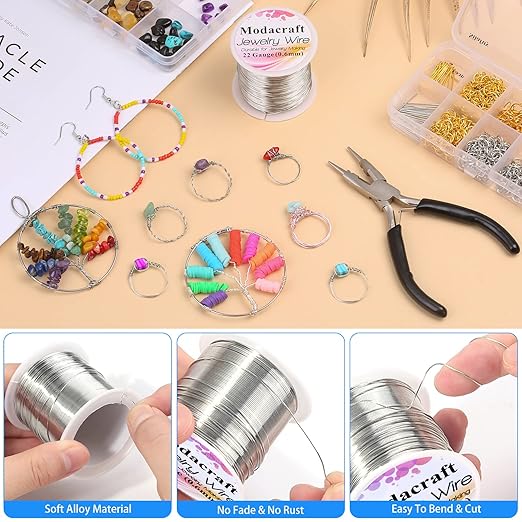 Modacraft 22 Gauge Silver Wire for Jewelry Making with Jewelry Pliers, Craft Wire Beading Wire Tarnish Resistant Copper Wire