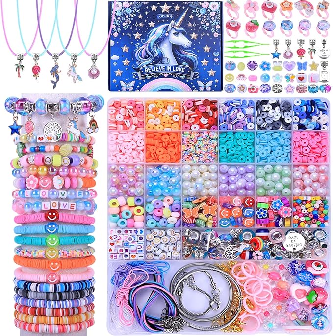 AIPRIDY 3200 Pcs Girls Toys Bracelet Making Kit, Unicorn/Mermaid Clay Beads Jewelry Activity Kit, DIY Crafts Birthday Christmas Gifts for Girls Ages 5 6 7 8 9 10 11 12 Years Old (Sapphire Blue)