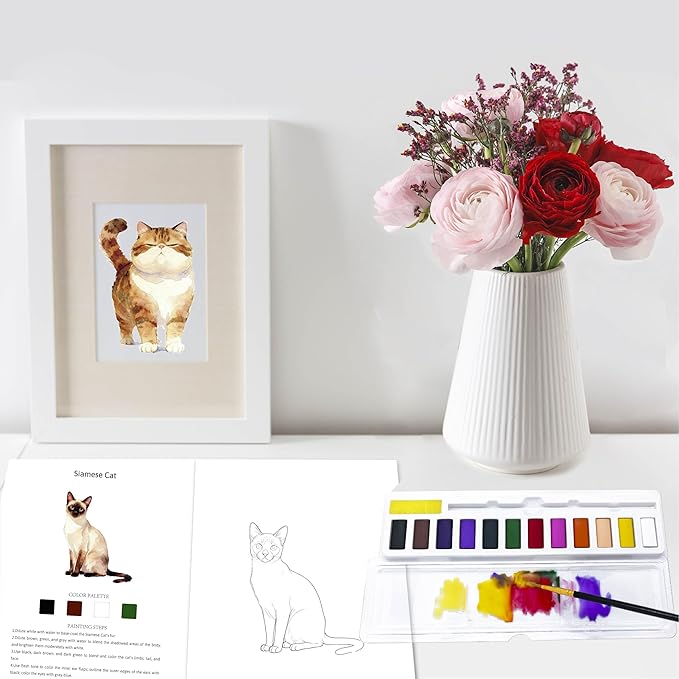 Watercolor Workbook Creative Insect Water color Paint Book Set with Paints & Brush, 12 Patterns of Original DIY Designs, Beginner-Friendly Adult Coloring Books (Cat)