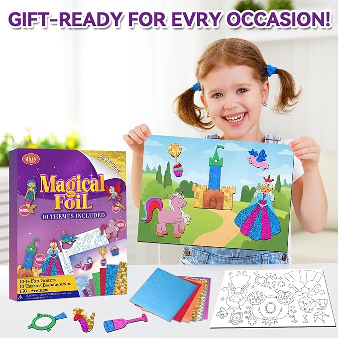 atfunshop magical foil art princesses unicorn mermaid & fairy - no mess foil craft kit for kids ages 4 5 6 7 8 9 fun creative diy activity, ideal birthday gift for girls