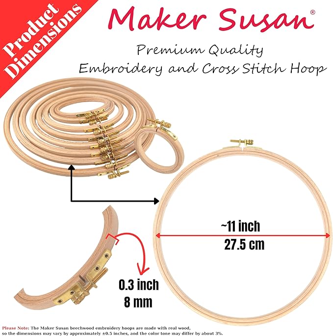 maker susan 11" wood embroidery hoop, round beechwood cross stitch hoop with adjustment brass screw, cross stitch hoops and frames, suitable for embroidery, craft sewing (11 inch)