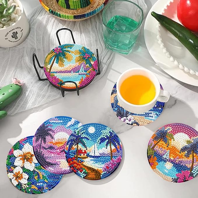 EWJRNSF 8 PCS Diamond Art Coasters Kit, Small Diamond Painting Coasters, Fall Beach Diamond Art Kits for Adults Beginners, Arts and Crafts Supplies Item Sets with Holder