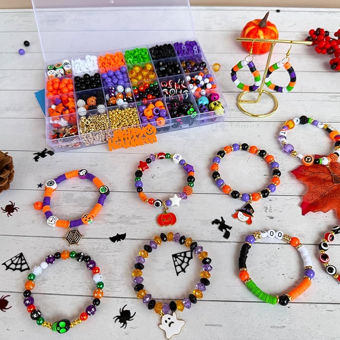 1970Pcs Halloween Bracelet Kit, Halloween Beads for Bracelets Jewelry Making Orange Black White Purple Polymer Clay Beads Pumpkin Evil Eye Skull Bead with Ghost Spider Charms for DIY Craft Earring