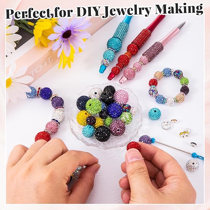 182 Pcs Beads for Pens, Beadable Pen Beads, 12/16/20mm Rhinestone Bead with Spacer Bead for Bracelet Necklace Earring Jewelry Pen Making