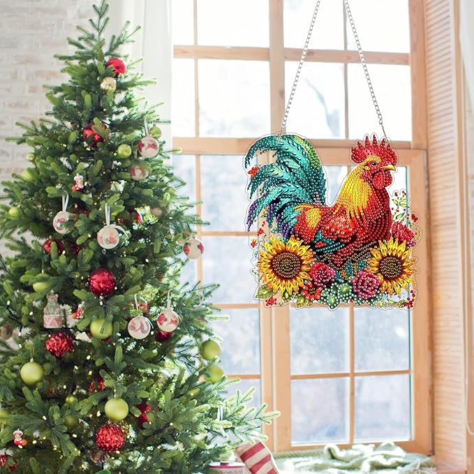 Chicken Diamond Art Hanging Kits for Adults, Rooster Diamond Painting Pendant Kits, DIY Acrylic 5D Special Shaped Crystal Diamonds Gem Art Painting Ornament for Home Wall Decor Gift 8x8 Inch