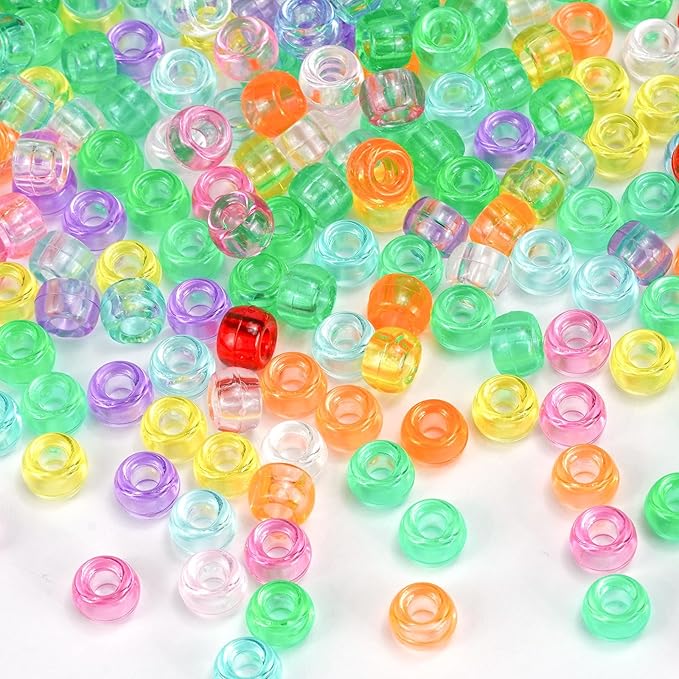 1000+ Pieces Clear Pony Beads Bulk, 9 Colors 6x9mm Transparent Acrylic Bead Large Plastic Kandi Beads for Bracelets Big Hole Hair Braids Jewelry Making Crafts DIY Projects