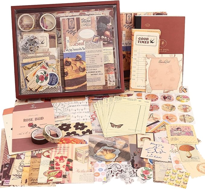 348 Pcs Scrapbooking Supplies Kit, Vintage Aesthetic Scrapbook Kit for Bullet Junk Journal, Stationery, A6 Grid Notebook, DIY Journaling Supplies, Birthday Craft Gift for Teen Girl Kid Women