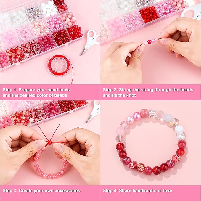 360Pcs Valentines Glass Beads for Jewelry Making, 18 Colors 8mm Round Red Pink White Crystal Bead Valentines Beads for Bracelets Necklaces Romantic Accessories Kit Earring DIY Crafts
