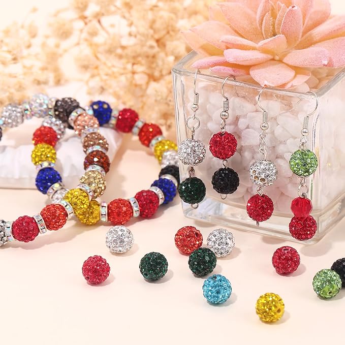 240pcs 24 Colors Rhinestone Beads for Crafts, Sparkle Round Crystal Disco Ball Clay Rhinestone Beads for DIY Jewelry Making Bracelet, Necklace, Earring and Christmas Decoration (10mm)