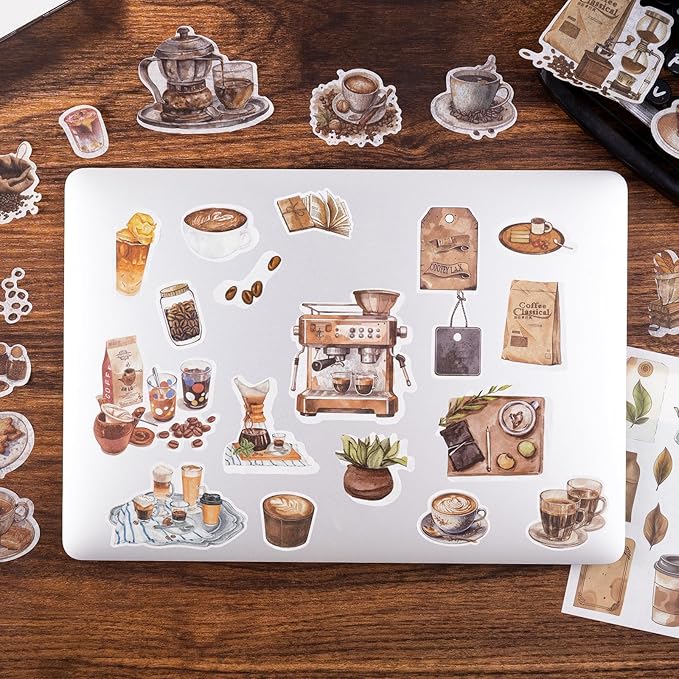 RISYPISY Pre-Cut Coffee Sticker for Scrapbooks 50 Sheet-558pcs Washi Journaling Stickers Ephemera for Junk Journal Supplies Scrapbooking Supplies for Bujo Planner Collage Crafts