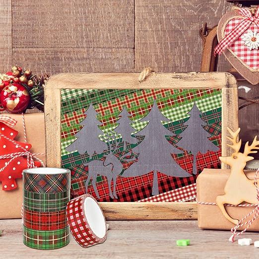 Whaline 12 Rolls Christmas Washi Tape Buffalo Plaid Pattern Red Black Green Xmas Holiday Masking Tape for Scrapbook Journal DIY Craft Gift Wrapping