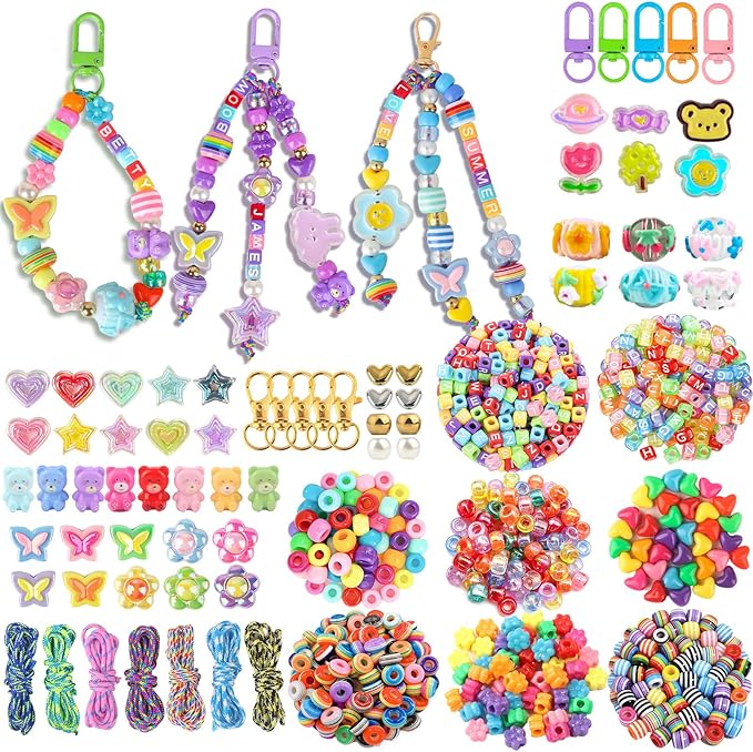Ecoofor 633 PCS Beaded Keychain Making Kit, Acrylic Alphabet Letter Beads with Heart, Star & Flower Charms for DIY Jewelry, Bag Charm & Keychain Accessories Craft Supplies