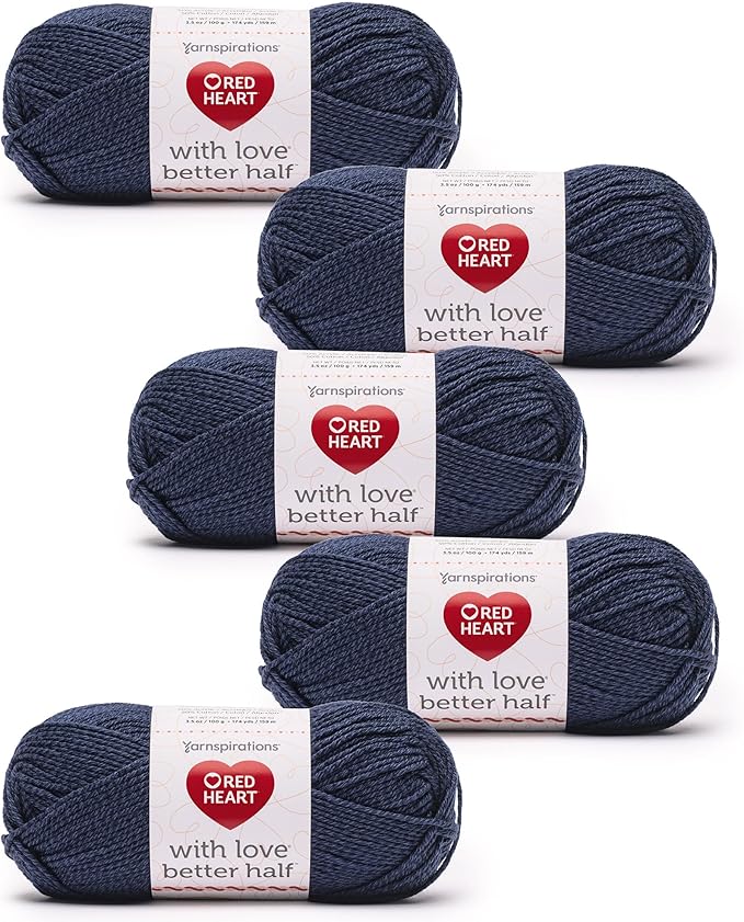 Red Heart with Love Better Half Indigo Yarn - 5 Pack of 100g/3.5oz - 50% Acrylic 50% Cotton - #4 Worsted (Medium) - 174 Yards - Knitting/Crochet
