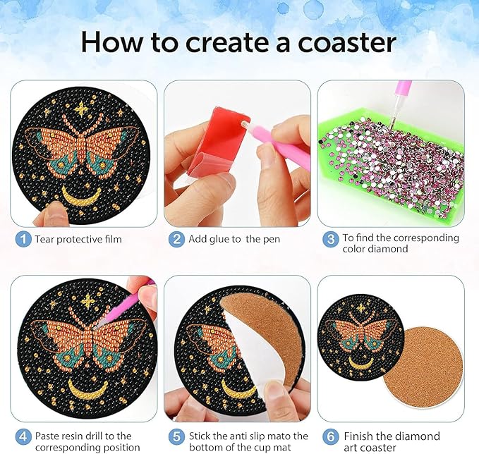 8 Pcs Diamond Art Coasters Kit with Holder, DIY Butterfly Diamond Painting Coasters for Beginners Adults, Non Slip Diamond Art Kits Craft Supplies 4x4inch