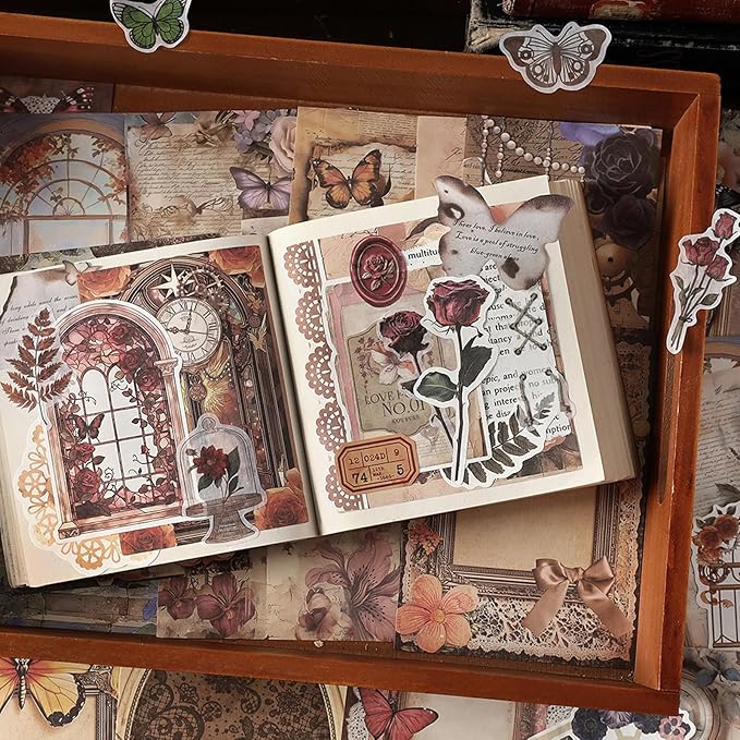 200PCS Vintage Scrapbook Paper Journaling Scrapbooking Supplies Kit Retro Decorative Craft Paper Assorted for Bullet Junk Journals Card Making Craft DIY, Butterfly Waltz