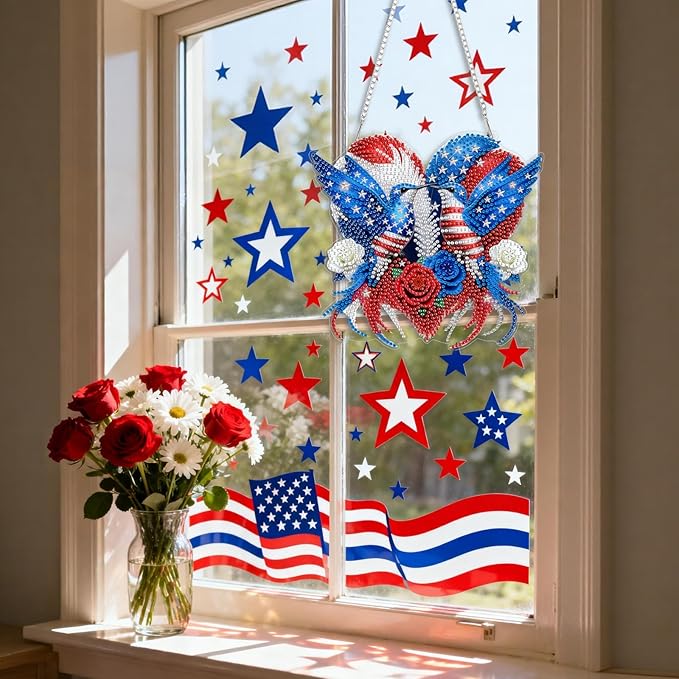 CEOVR 4th of July Hanging Diamond Art for Adults, Independence Day Hummingbird Diamond Painting Pendant DIY Gem Art Wall Hanging Ornament, Acrylic Home Garden Decor with Chain, Box Kit 7.77×7.26inch